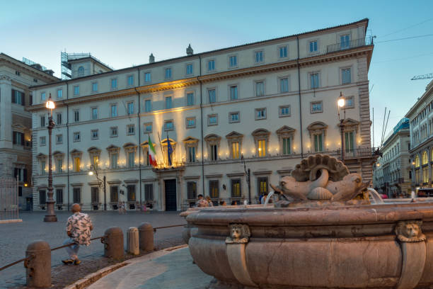 Amazing Sunset view of Palazzo Chigi in city of Rome, Italy stock photo
