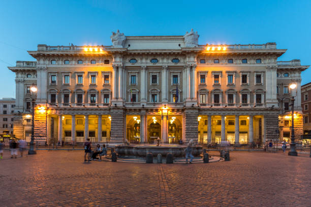 Amazing Sunset view of Piazza Colonna  in city of Rome, Italy stock photo