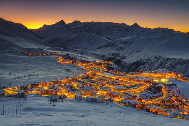 Amazing view from the ski slopes at sunrise, France stock photo