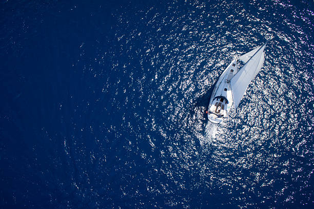Amazing view to Yacht sailing in open sea stock photo