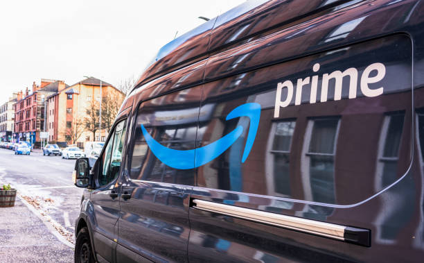 Amazon Prime delivery van on the street stock photo