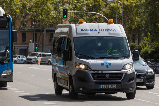 Ambulance of Rioja Salud public health service in Madrid. Madrid, Spain - Sep 26, 2020: An ambulance of the Rioja Salud public health service of the autonomous community of La Rioja, on Menendez Pelayo street, in Madrid. public service stock pictures, royalty-free photos & images