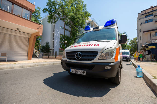 Ambulance vehicle from Saint George stands in front of the medical center in Bulgaria. stock photo