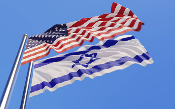 High quality 3d render of American and Israeli flags waving with wind on a blue sky. Low angle view with copy space and selective focus.