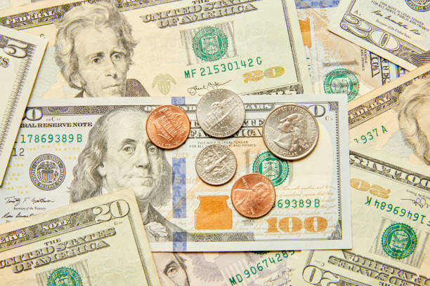 American cash paper money and coins stock photo