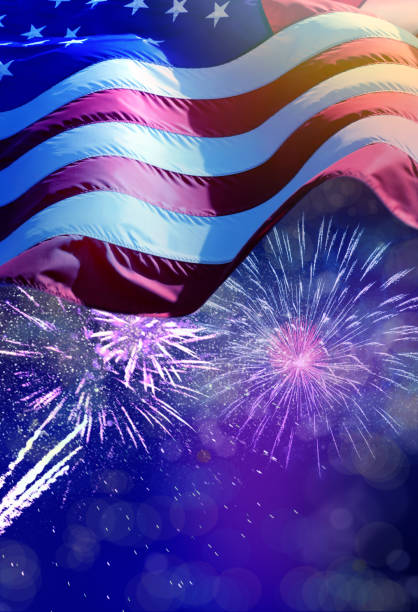 American flag and fireworks close up waving American flag and celebration fireworks over night sky memorial day background stock pictures, royalty-free photos & images