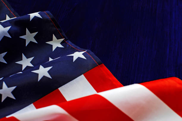 american flag on a old blue wooden background. - campaign imagens e fotografias de stock