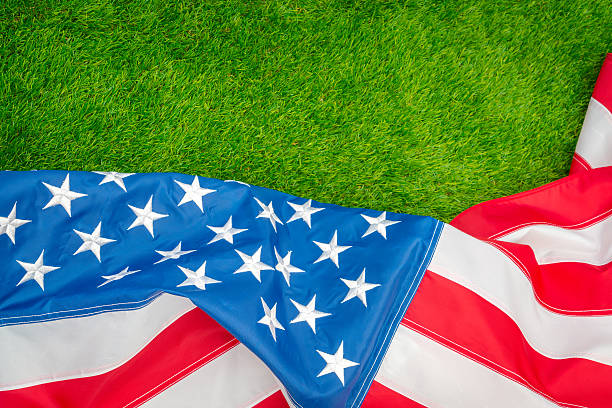 American flag on green grass stock photo