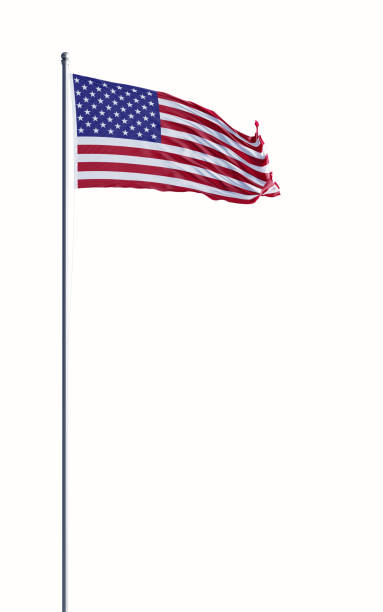 American Flag Waving With Wind On White Background High quality 3d render of an American flag waving with wind on white background. Clipping path is included. Great use for American politics and American culture related concepts. Vertical composition. pole stock pictures, royalty-free photos & images