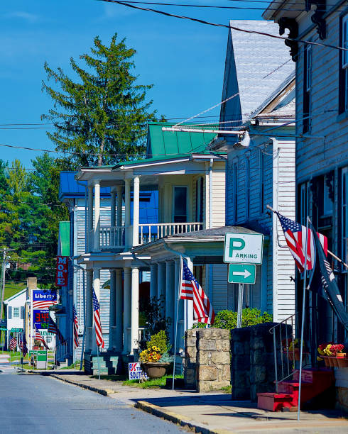 American Flags, Downtown Wardensville, West Virginia (USA) stock photo
