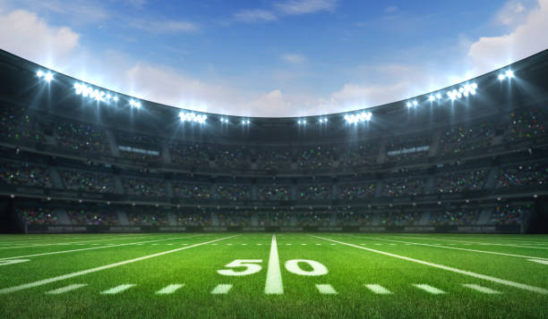 American football league stadium with white lines and fans, daytime side field view sport building 3D professional background illustration sports field stock pictures, royalty-free photos & images