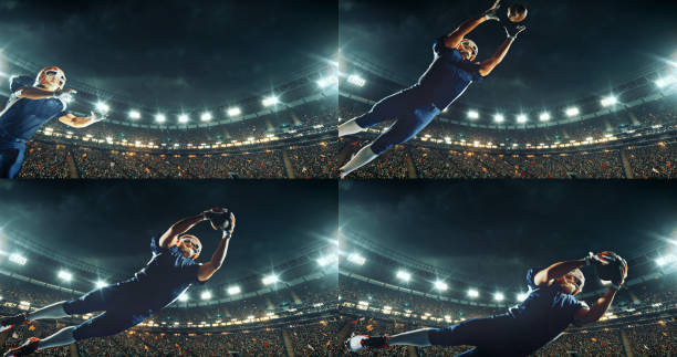 American football player jumps with a ball American football player jumps with a ball on a professional sports arena with bleaches full of people. Arena and people on it are made in 3D and animated. american football field stadium stock pictures, royalty-free photos & images