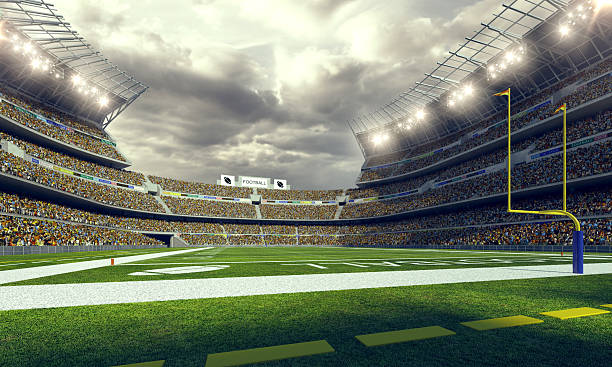 American Football Stadium 3d render Image of 	American Football Stadium in lights and flashes football field stock pictures, royalty-free photos & images