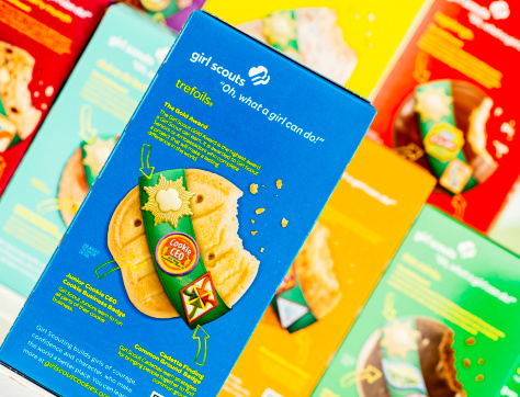 Suffolk, Virginia, USA - March 10, 2013: A horizontal format studio shot of several boxes of different flavored Girl Scout Cookies, with focus on the variety called, 
