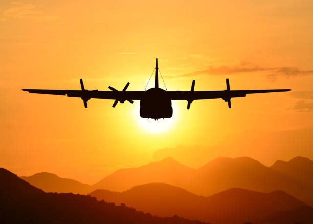 American military transport aircraft in the flight stock photo