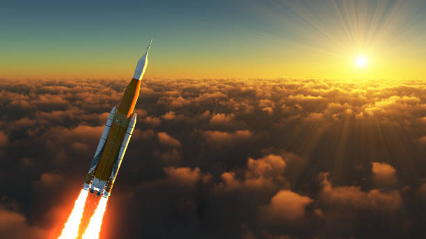 American Space Launch System In The Rays Of Sunrise stock photo