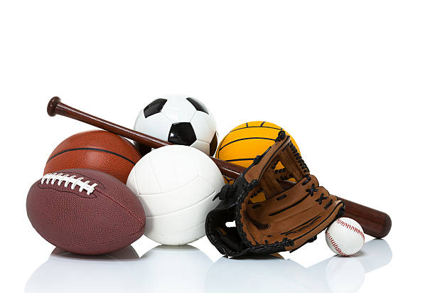American sports equipment isolated on white basketball, football, soccer ball, vollyball, water polo ball, baseball, baseball glove, baseball bat isolated on white sporting goods stock pictures, royalty-free photos & images