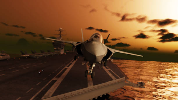 American stealth jet take-off from aircraft carrier at dawn 3d render stock photo