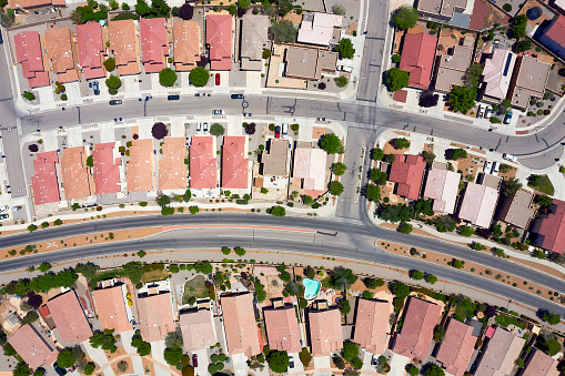 Top down aerial shot of suburban tract housing in New Mexico, USA.