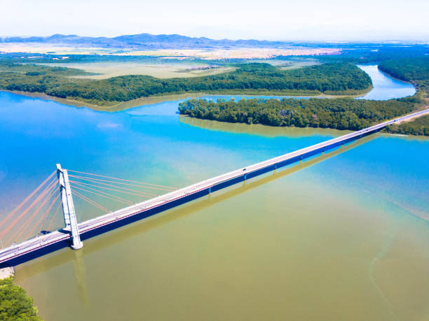 Amistad Bridge on Rio Tempisque, connecting the Interamerican Highway to the Nicoya Peninsula, Guanacaste Province, Costa Rica stock photo