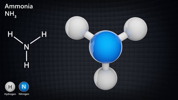 Ammonia (molecular formula: NH3 or H3N) is a colorless alkaline gas. Chemical structure model: Ball and Stick. 3D illustration. Ammonia (molecular formula: NH3 or H3N) is a colorless alkaline gas. Chemical structure model: Ball and Stick. 3D illustration. ammonia stock pictures, royalty-free photos & images