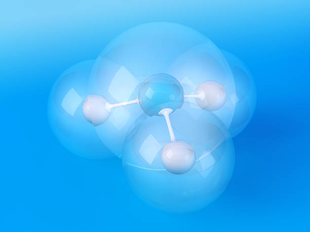 Ammonia Molecule Blue Background 3D Render of an Ammonia Molecule Ball-And-Stick Model in front of a blue background. Van der Waals radius: Hydrogen 110 pm, Nitrogen 155 pm. Bond angle: 107.8 degree. Very high resolution available! Use it for Your own composings! ammonia stock pictures, royalty-free photos & images