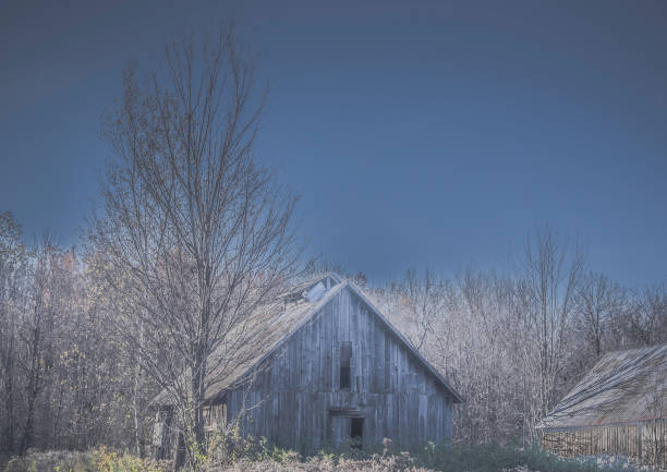 An abandoned barn in a field. stock photo