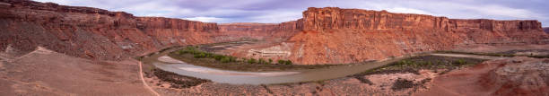 An aerial panorama of Mineral Canyon, looking south into Canyonlands National Park above the Green River stock photo