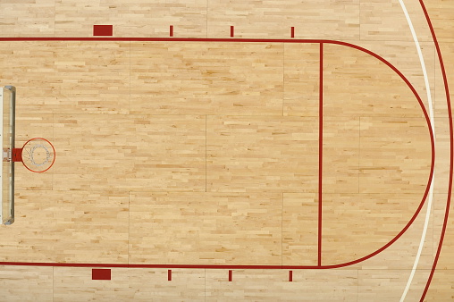 An Aerial View Above Half Of One End Of A Basketball Court Stock Photo ...