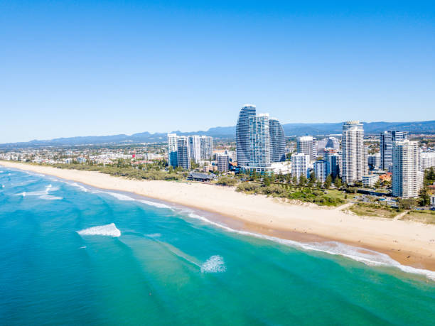 An aerial view of Broadbeach on the Gold Coast with blue water stock photo