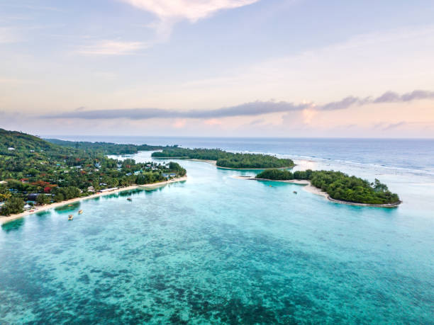 An aerial view of Muri Lagoon at sunrise in Rarotonga in the Cook Islands stock photo