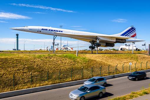 Roissy-en-France, France - July 27, 2020: The last Air France Concorde, having the registration number F-BVFF, is used as a display piece and exposed on Paris-Charles de Gaulle Airport since 2005.