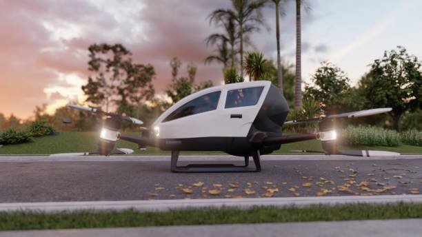 An air taxi in unmanned mode takes off and goes to its destination. View of an unmanned aerial passenger vehicle. 3D Rendering. stock photo