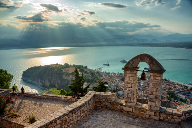 An amazing view from the top of An amazing view from the top of Palamidi fortress above the city of Nafplion in Greece in the late afternoon above the city of Nafplion in Greece in the late afternoon stock photo