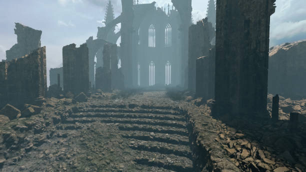 An ancient dilapidated cathedral in the mist under a cloudy sky. 3D render. stock photo