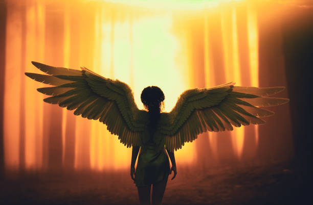 An angel in mystic forest,3d illustration stock photo