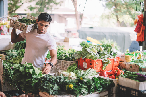 an asian malay vegetable owner arranging vegetables at his stall getting ready for the day