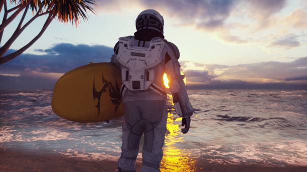 An astronaut is about to surf on a surfboard in the endless ocean on an alien planet. The image is for fantastic, the futuristic or space travel backgrounds. 3D Rendering. stock photo