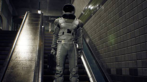 An astronaut with a laptop in the subway hurries to his spaceship. The image is for fantastic, the futuristic or space travel backgrounds. 3D Rendering. stock photo