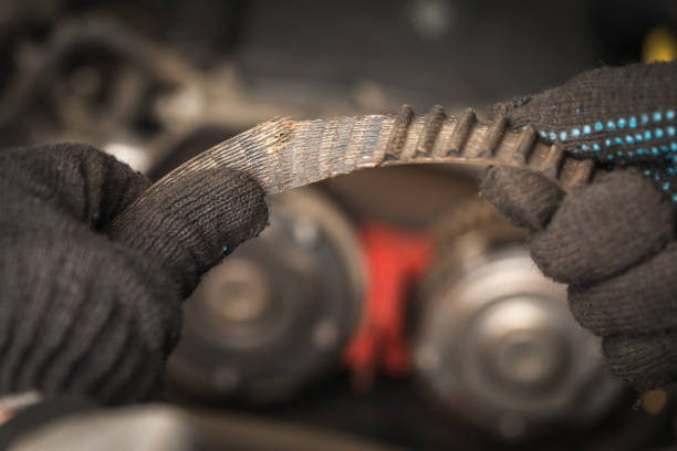 An auto mechanic removed a torn timing belt with worn teeth from a car, close-up An auto mechanic removed a torn timing belt with worn teeth from a car, close-up belt stock pictures, royalty-free photos & images
