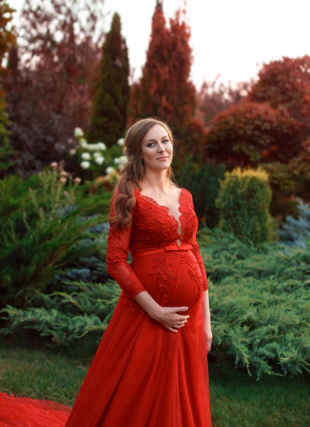 An elegant, pregnant woman walks in a beautiful garden in a luxurious, expensive red dress with a long train. Artistic Photography An elegant, pregnant woman walks in a beautiful garden in a luxurious, expensive red dress with a long train. Artistic Photo evening gown stock pictures, royalty-free photos & images
