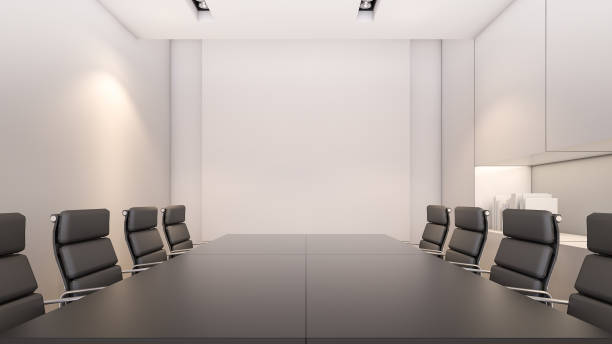 An empty meeting room and conference table / 3D rendering Meeting table set with white projector screen in conference room conference table stock pictures, royalty-free photos & images