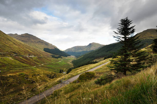 An empty winding asphalt bicycle road through the green valley and hills. Forest and mountain peaks in the background. Loch Lomond and the Trossachs National Park, Inner Hebrides, Scotland, UK stock photo