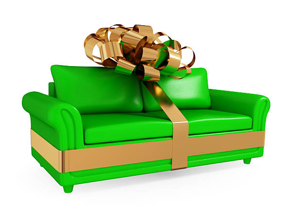 An illustration of a green sofa with a gold ribbon stock photo