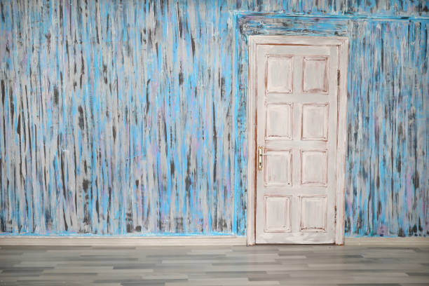 An old door on a mottled wall . stock photo