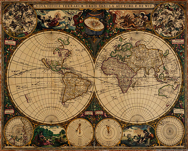 an old vintage map of the world - antiek ouderwets stockfoto's en -beelden