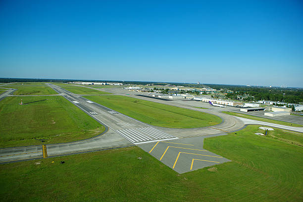 An overhead view of an airport landing strip stock photo