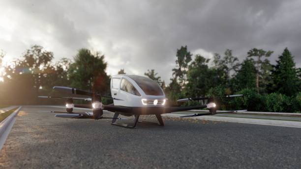 An unmanned passenger air taxi stands on the road waiting for a client. View of an unmanned aerial passenger vehicle. 3D Rendering. stock photo