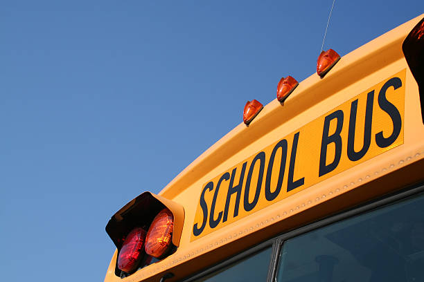 An up close picture of a school bus stock photo