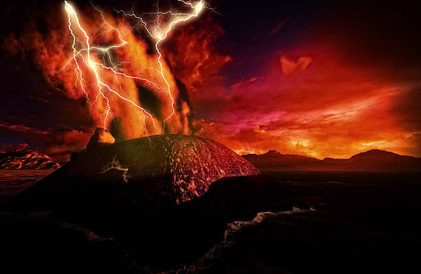 anak krakatau erupting red sky lighting in lava black ground - tonga volcano 個照片及圖片檔